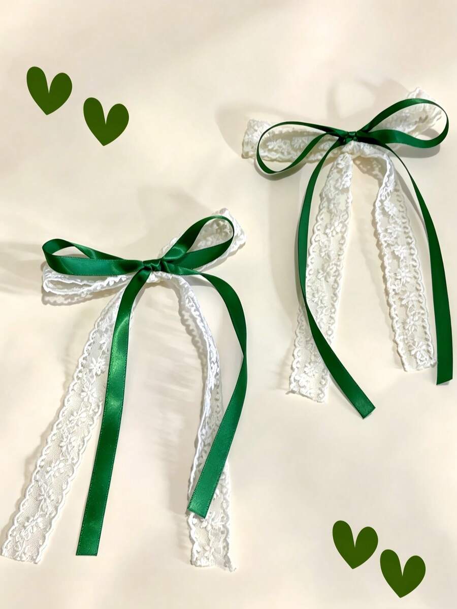 2pcs Girls Simple Versatile Green Lace Bow Side Hair Clips, Suitable For Holiday And Daily Outfit Matching - Green - View 1