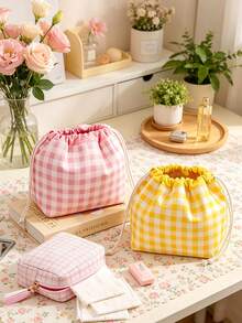 1pc Women's Cute Plaid Makeup Storage Bag, Lightweight Drawstring Cosmetic Bag, Portable Travel Toiletry Organizer For Daily Commute And Vacation - Multicolor - View 3