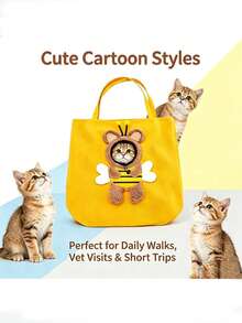 Little Bee Cartoon Embroidered Pet Shoulder Bag, Breathable Visible Window Canvas Portable Cat Travel Tote Bag - Multicolor - View 9
