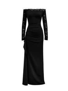 Elegant Sexy Lace Off-Shoulder Slit Evening Dress, Ruched Waist Design, Perfect For Evening Parties And Balls - Black - View 6