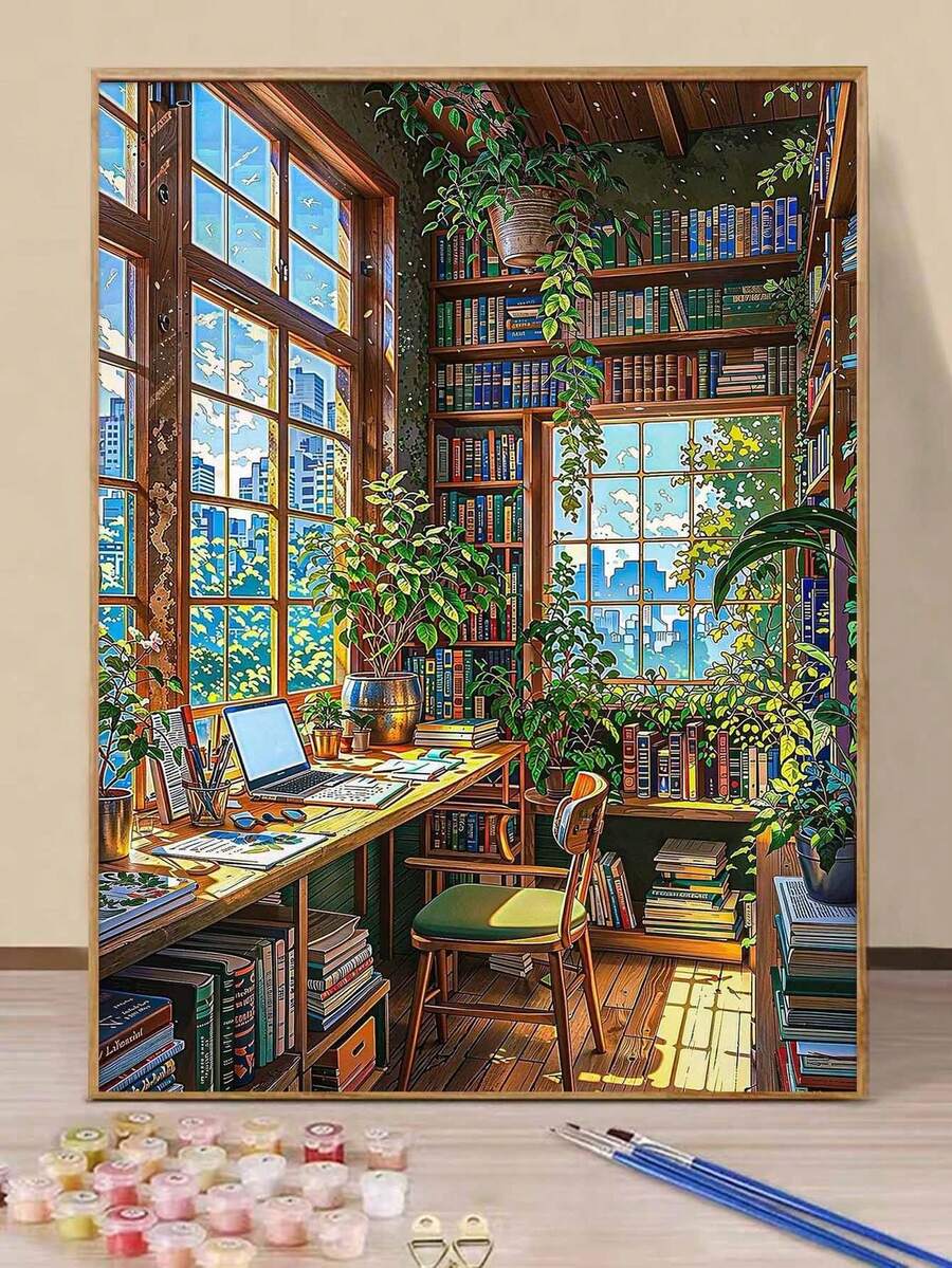 DIY Cozy Library Corner (8x12 / 16x20 Inches) Paint By Numbers Kit (Acrylic) Arts & Crafts For Adult Beginners, Relaxing Home Wall Decor, Study Room Aesthetic, And Unique Holiday Gifts - Sets - View 1