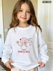 Cute Girls Cotton Pullover Hoodie With Pink Rabbit Print & 'Lovely Girls' Text, Round Neck Long Sleeve Casual Top For Spring Fall Daily Wear - White - View 1