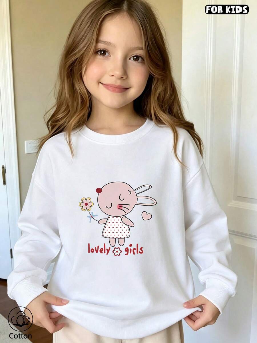 Cute Girls Cotton Pullover Hoodie With Pink Rabbit Print & 'Lovely Girls' Text, Round Neck Long Sleeve Casual Top For Spring Fall Daily Wear - White - View 1