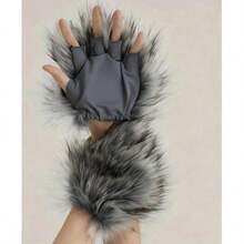 3pcs Wolf Ear Headband + Plush Wolf Gloves + Tail Set, Handmade Faux Fur Cosplay Halloween Costume Party - Grey - View 6