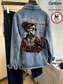 Women's Denim Jacket, Skull Graphic White Ink Direct-To-Garment Print, Vintage Washed Loose Fit Denim Jacket - Light Denim Blue - View 1
