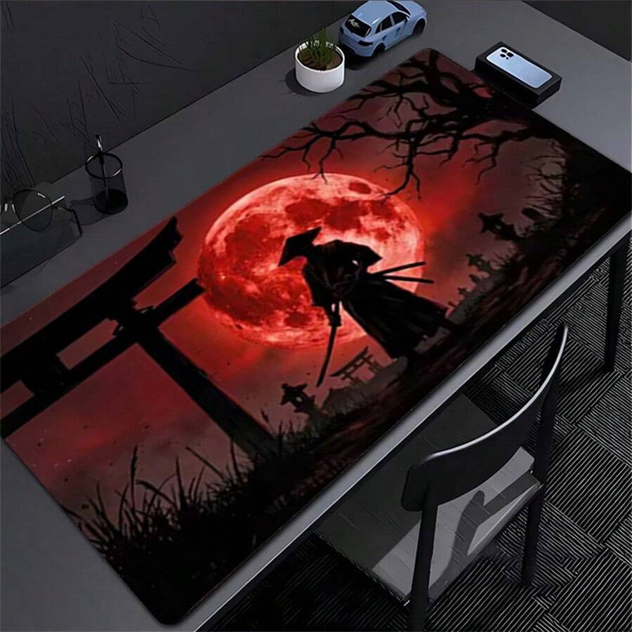 1pc Red Swordsman Large Gaming Mouse Pad, Black Silhouette Extended Desk Mat, Office Desk Accessory Non-Slip Computer Pad, Rubber Base Laptop Keyboard Pad, Durable Spill-Proof For Home Office Gaming - View 1