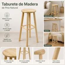 Natural Pine Wood High Bar Stool For Kitchen And Counter, 25cm Round Seat And 70cm Height, Classic Sturdy Design With Natural Wood Grain - 黃色 - 查看 1