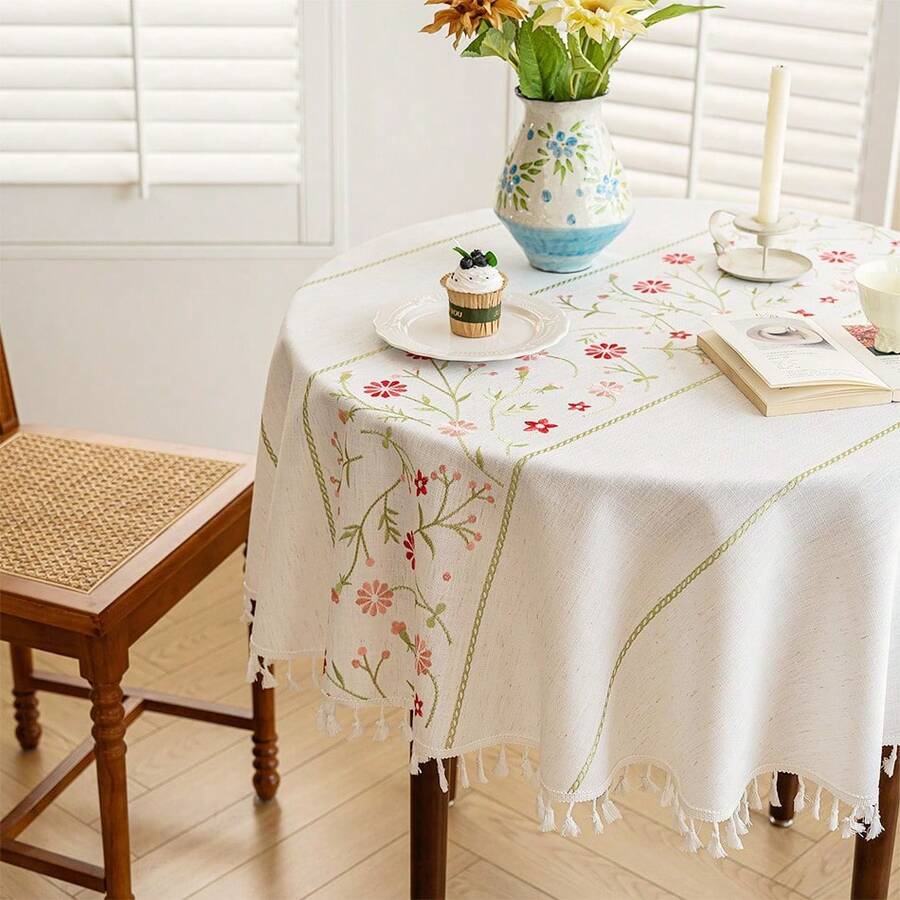 Bestickte runde Tischdecke, Blumenmuster Staubschutz Tischdecke, für Küche, Esszimmer, Party, Geburtstags Tischdekoration - Rot - Übersicht 1