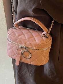 Tas Selempang Mini Bermotif Quilted dengan Dekorasi Rantai Logam, Bahan PU Mengkilap, Kompartemen Penyimpanan, dan Penutup Resleting, Cocok untuk Aktivitas Sehari-hari, Kencan, dan Perjalanan. - Berwarna merah muda - View 6