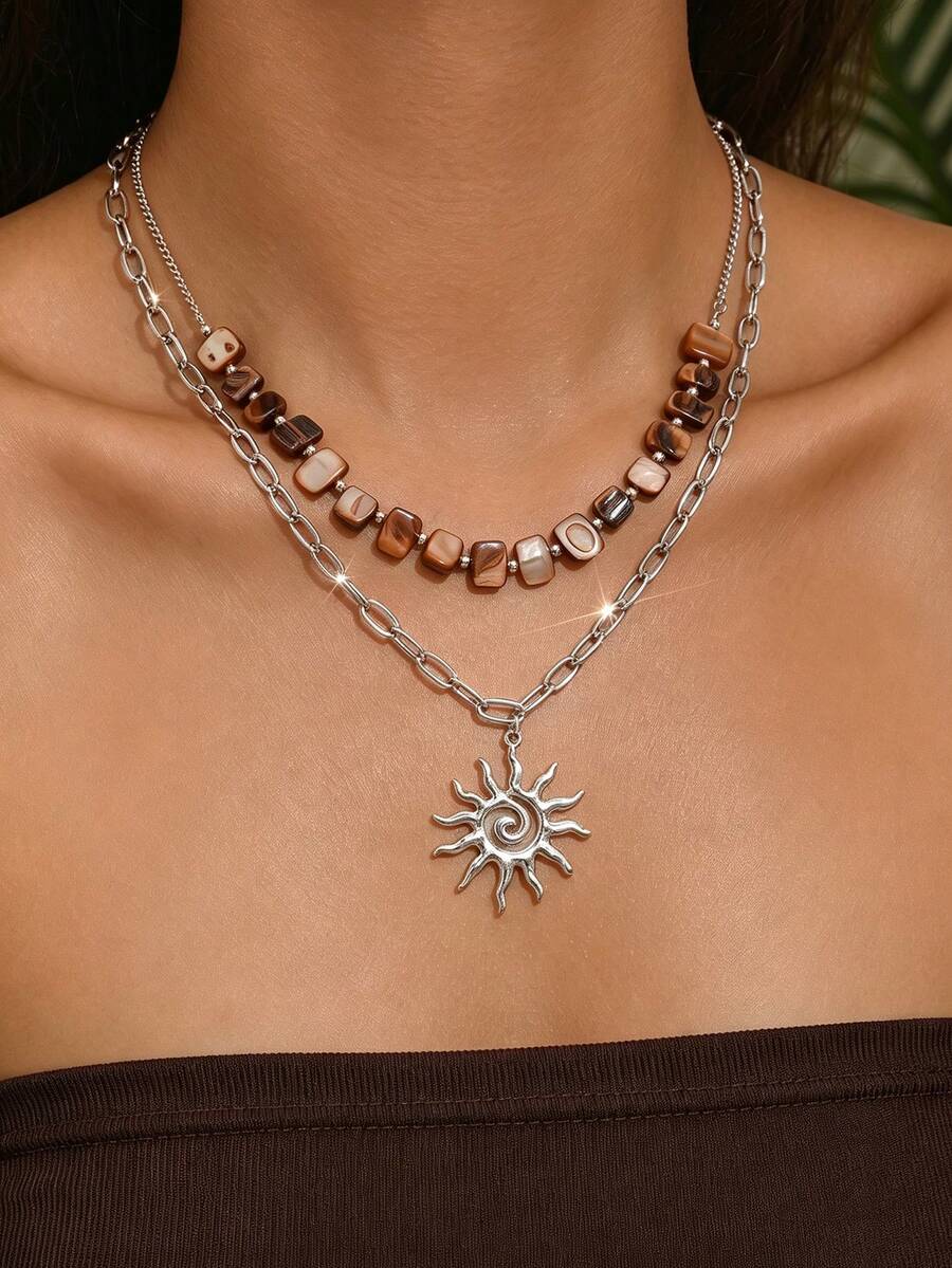 2pcs/Set Casual Style Asymmetrical Beaded Chain Necklace With Sun Pendant, Fashionable Versatile Necklace For Women, Suitable For Daily Wear And Beach Vacation, Beaded Shape, Size And Color Are Random - Multicolor - View 1