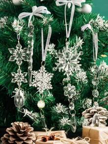 18/1pc Christmas Snowflake Icicle Hanging Decor, Christmas Tree Ornament, Crystal Clear Glitter Acrylic Snowflake Icicle Pendant With Ribbon, For Christmas Tree And Home Decoration - Multicolor - View 9