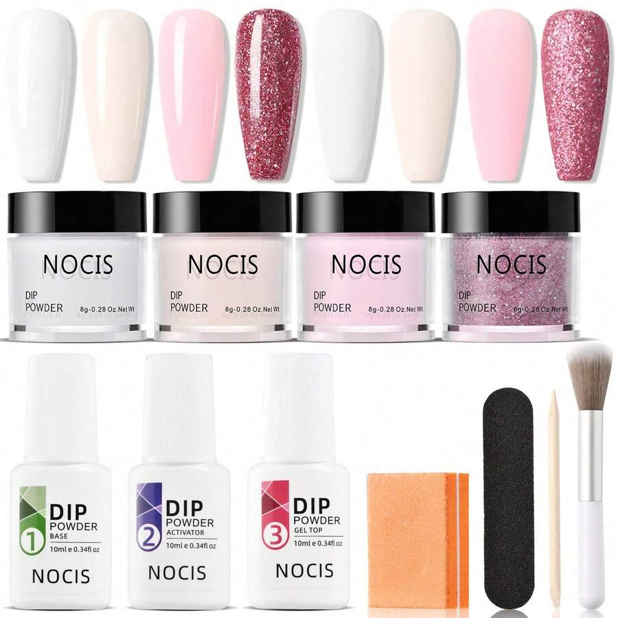 NOCIS Dip Powder Nail Kit - 4 Color Starter Set With Nude, Pink, Glitter & White, Plus Base, Top Coat & Activator Liquid, Nail Buffer, Brush & File - Acrylic Dipping System For DIY Manicure, Unscented, No Power Needed. - Multicolor - View 1
