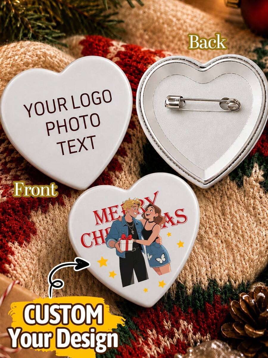 Custom Festive Christmas Heart Pin Badge, Personalized Photo Button Brooch, Customized Photo Pin Badge. - Style a - View 1