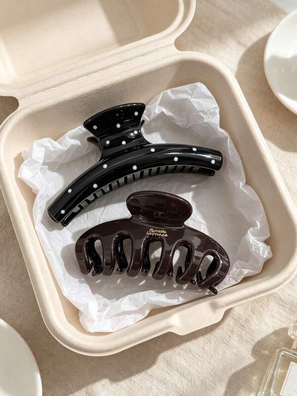 2pcs/1pc 11cm/4.33in Black Polka Dot Hair Claw, Brown Bone, Elegant Minimalist Solid Color Hair Accessory, Suitable For Daily, Casual, Party, Commute, Beach, Updo, Ponytail, Face Washing, Makeup, Summer Styling Hair Clip