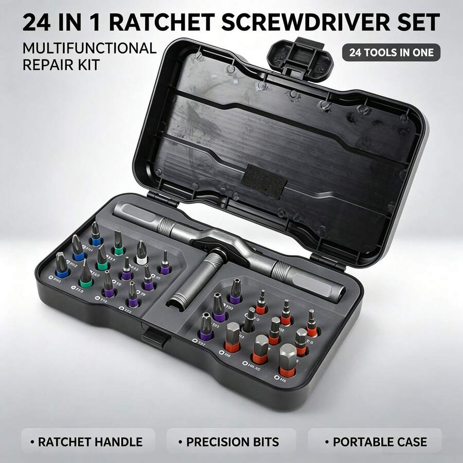 24-In-1 Multi-Function Ratchet Screwdriver Set With Detachable T-Handle, 58-Tooth 6.2° High Torque Magnetic Bit Kit, Suitable For Bicycle, Home And Digital Device Repair
