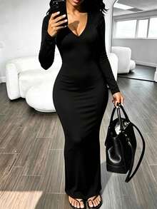 RNU Black Solid V-Neck Long Sleeve Knit Dress, Ribbed Elastic Soft Fabric, Slim Fit Bodycon With Side Slit, Long Length, Suitable For Daily Commute - Black - View 6