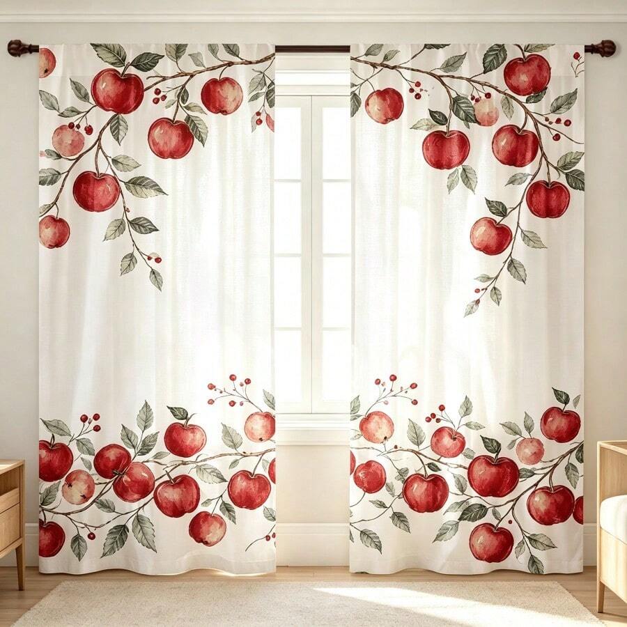 2pcs White Background Watercolor Red Apple Branch Print Curtains, Red Apple, Green Leaf Vine, Red Berry Pattern, 2D Flat Print, Translucent, Rod Pocket, Suitable For Kitchen, Dining Room, Living Room Window Decor, Fruit Theme Curtains