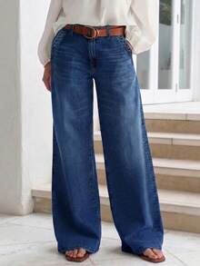New Women's Multi-Button Wide Leg Casual Jeans - High Quality Denim, Fashionable And Comfortable Spring Fall - Dark Wash - View 2
