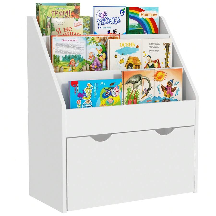 Kinderboekenkast met meerdere opbergvakken, 3 planken en een lade, 62,5L x 30B x 70H cm, wit - A - Bekijken 1