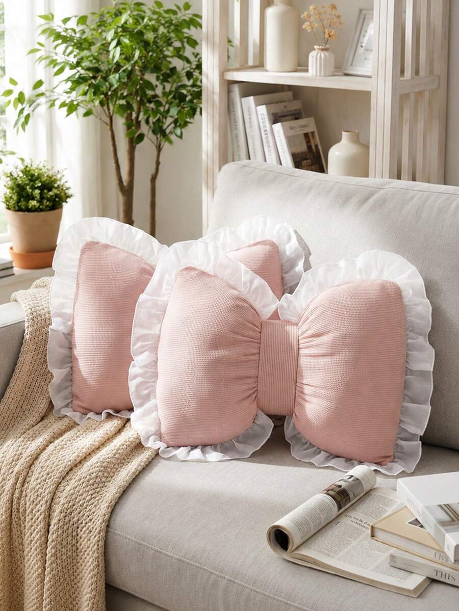 Lace Bow Throw Pillow, Soft & Cute Spring Bowknot Decorative Cushion, Suitable For Bedroom, Sofa, Bed And Other Home Decor In Spring & Summer, Great Spring Gift For Family And Friends - Pink - View 1