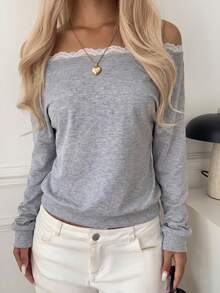 SCARLUX Fall Winter Y2K Women Basic Grey Off Shoulder Long Sleeve Top, Lace Trim Boat Neck Loose Pullover For Homecoming Daily Outfits - Gray - View 3