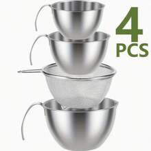 4-Piece CY Mixing Bowl Set With Handles: Stainless Steel Bowls Featuring Measurement Markings, Handles, And Strainers. This Multifunctional Set Is Designed For Mixing Batters, Eggs, And Cream, As Well As For Washing And Draining Fruit, Rice, And Beans. - View 14