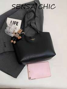 Textured Distressed Crinkled Tote Bag With U-Shaped Opening, Minimalist Letter Print Design, Adjustable Shoulder Strap, Large Casual Underarm Shoulder Bag For Daily Commute And Books, Paired With Cute Rabbit Plush Doll Charm - Black - View 3