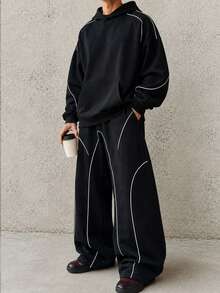 HEYKESON Men's Curved Color Block Line Pullover Hoodie & Wide Leg Sweatpants Casual 2 Pieces Sports Set - Black - View 2