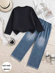 Girls' Casual Fashion Solid Color Heart Crew Neck Long Sleeve Top And Wide Leg Pants 2 Pieces Set, Spring/Autumn - Black - View 3