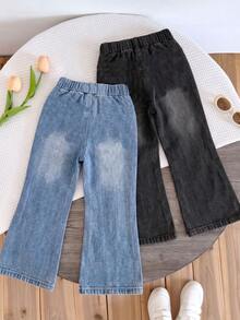 2pcs/Set Celana Jeans Denim Anak Perempuan, Dua Pilihan Warna, Pinggang Elastis, Belahan di Bagian Bawah, Hiasan Pita, Model Kaki Melebar - MultiWarna - View 2
