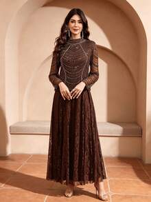 JINLICX High Neck Beaded Mesh Long Sleeve Lace Maxi Dress Dark Brown Formal Evening Gown - Coffee Brown - View 1