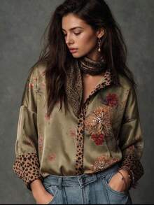 Plus Women Printed Blouse With Leopard Print Cuff Design, Fashionable Elegant Casual Commute Daily Wear Shirt - Green - View 4