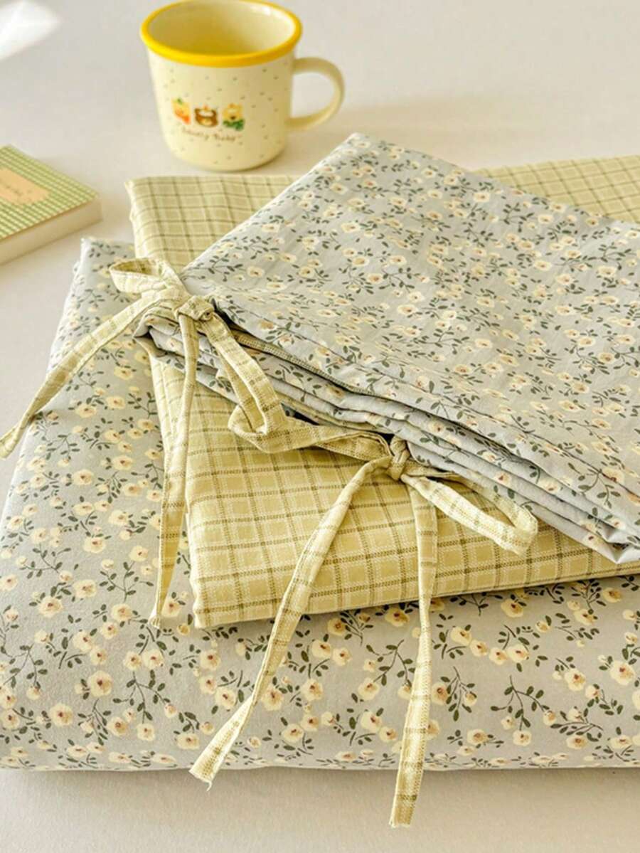3pcs 100% Polyester 2026 New Spring Vibrant Series AB Color Block Design Warm Lemon Yellow Floral Duvet Cover Set, 2 Bowknot Pillowcases + 1 Duvet Cover, Suitable For Bedroom All Seasons