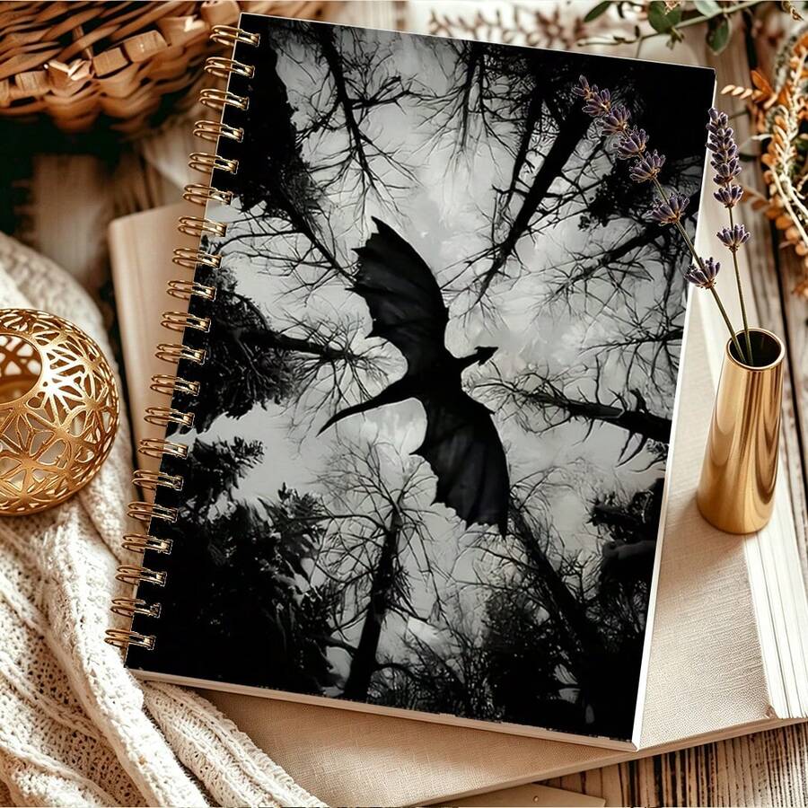 DANPERJI 1pc A5 Spiral Journal, Dark Dragon Silhouette Dead Wood Forest Pattern Notebook, Dark Fantasy Art Style, For Work Study Travel, Note Log Diary Memorandum Notebook - A - View 1