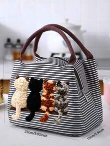 2D Plush (4 Cats) Back View Striped Lunch Box, Pet Pattern Tote Bag,Portable Picnic Bag, Unisex Lunch Bag, Zipper Closure, Suitable For Cat Lovers,An Excellent Gift Choice For Students, Teachers, Birthdays, Or Anniversaries. - Multicolor - View 10