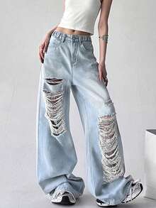 Y2K Girls Loose Distressed Straight Leg Washed Denim Jeans - Blue - View 2