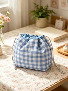 1pc Women's Cute Plaid Makeup Storage Bag, Lightweight Drawstring Cosmetic Bag, Portable Travel Toiletry Organizer For Daily Commute And Vacation - Multicolor - View 9