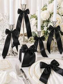 12pcs/Set Satin Ribbon Black Bow Decor, Black Self Adhesive Bow Candlestick Decor Gift Wrapping Bowknot Decorations Bows For Table For Candle-Holder Christamas Decor, Wrapping Home Party, Bridal Showers, Birthdays Centerpieces Table Decor - Black - View 1