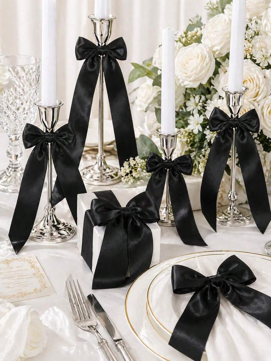 12pcs/Set Satin Ribbon Black Bow Decor, Black Self Adhesive Bow Candlestick Decor Gift Wrapping Bowknot Decorations Bows For Table For Candle-Holder Christamas Decor, Wrapping Home Party, Bridal Showers, Birthdays Centerpieces Table Decor - Black - View 1