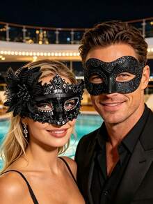 2pcs/Set Couple Masquerade Ball Mask Set, Mysterious Dance Venetian Halloween Decorative Mask With Glitter Side Flower Ball Party Halloween Props - Multicolor - View 3
