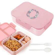 3-Compartment Travel Bento Lunch Box With Flip Lid, Leak-Proof Portable Meal Container For Outdoor Activities, Breakfast And Meal Prep, Kitchen Accessory, Camping Essential, Rose Flower With 26 Alphabet Initials Pattern - Pink - View 11