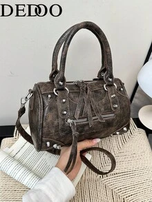 Dedoo Tas Tangan Boston Wanita, Tekstur Vintage, Kulit PU, Detail Rivet, Resleting, dan Rumbai, Model Selempang, Gaya Retro Punk, Untuk Pemakaian Sehari-hari Wanita di Musim Gugur dan Musim Dingin - Kopi - View 2