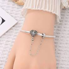 S925 Sterling Silver Snake Bone Bracelet, Heart Cross And Fatima Hand Clasp, Paired With Star Safety Chain, Vintage Hollow Inlaid Stone Design, Customizable DIY Beaded, Secure Clasp, Women's Luxury Accessory, Comes With Exquisite Gift Box. - Silver - View 4