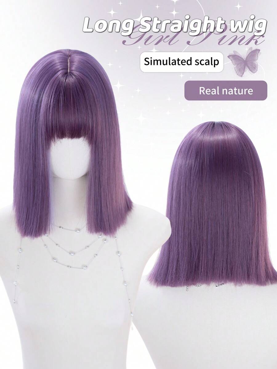alicegarden 14-Inch Long Synthetic Short Bob Wig Featuring A Natural Straight Style A Stunning Purple. Designed With Bangs , This False Hairpiece Is Perfect For Ms Daily Party Cosplay Use, Offering A Natural And Natural Durable Wig Gift For Ladies., Halloween - Purple - View 1