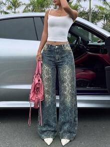 Celana Jeans Wanita Model Vintage Motif Ular Seluruh Permukaan, Potongan Lebar Pinggang Sedang, Model Longgar dan Lusuh, Gaya Jalanan Y2K yang Dipersonalisasi, Celana Denim Hot Girl, Pakaian Wajib untuk Musim Gugur - Medium Wash - View 3