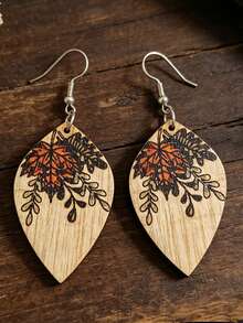 1 Pair Vintage Autumn Maple Leaf Willow Leaf Shaped Wooden Ear Hooks, Autumn Plant Print Artistic Earrings - Beige - View 3