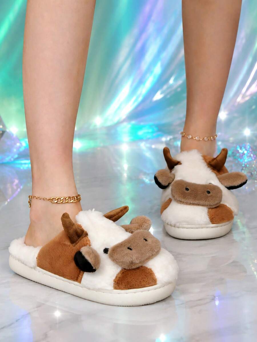 Women's Slip-On Cow Pattern Decor Closed Toe Open Back Mule Slippers - Brown - View 1