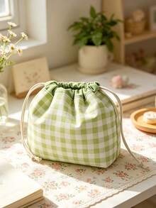 1pc Women's Cute Plaid Makeup Storage Bag, Lightweight Drawstring Cosmetic Bag, Portable Travel Toiletry Organizer For Daily Commute And Vacation - Multicolor - View 8