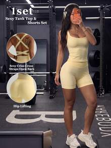 1 Set Sports Shorts, Fitness/Yoga/Pilates/Coffee Shop/Street Style Multi-Scenario Wear Summer - Yellow - View 9