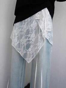 1pc Asymmetrical Yarn Lace Apron Skirt With Multi-Functional Waist Belt Design - Multicolor - View 8